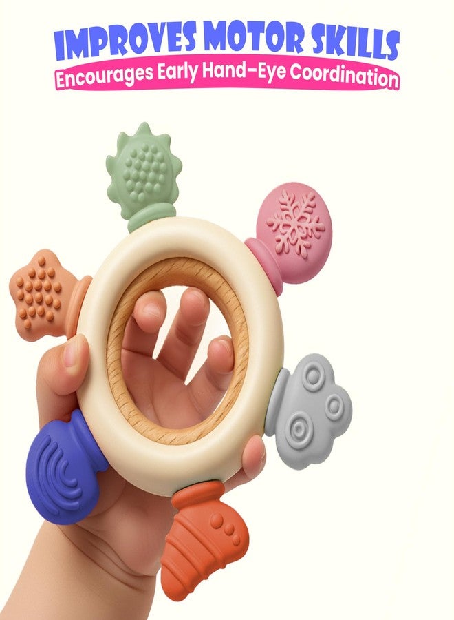 Mamarama Silicone & Wood Baby Teether - BPA-Free Teething Toy for 3+ Months, Soft Chewable Teether for Babies 0-6 Months, Natural Neem Wooden & Silicone Rattle for Gum & Teeth Relief, Best Rubber Sucker for Biting & Chewing (Color: Dark) - Image 4