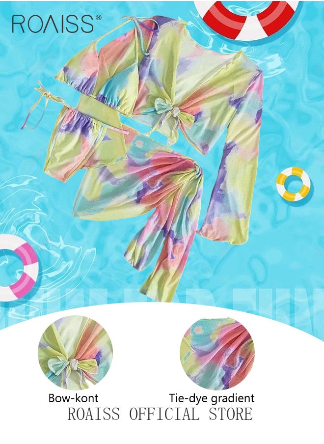 roaiss - Women 4pcs Tie Dye Gradient Halter Triangle Bikini Swimsuit Cover Up Top with Skirt Set Swimwear Ladies Beachwear Bathing Suit for Summer Multicolor - Image 1