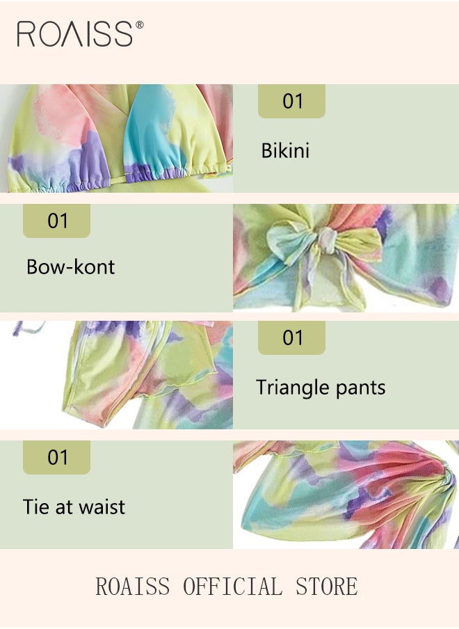 roaiss - Women 4pcs Tie Dye Gradient Halter Triangle Bikini Swimsuit Cover Up Top with Skirt Set Swimwear Ladies Beachwear Bathing Suit for Summer Multicolor - Image 1