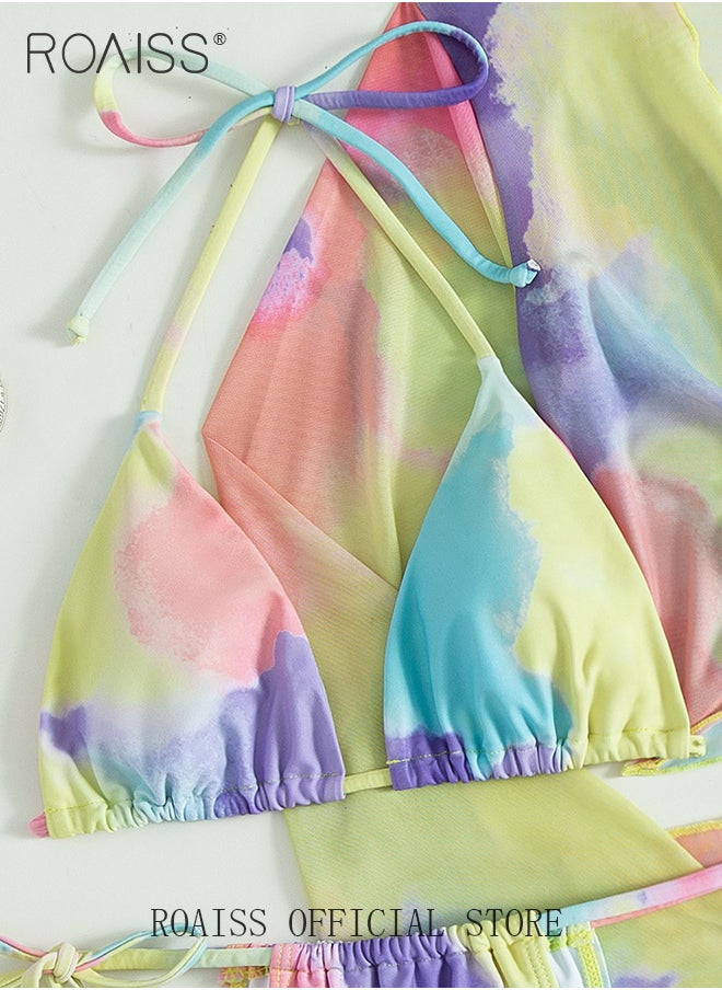 roaiss - Women 4pcs Tie Dye Gradient Halter Triangle Bikini Swimsuit Cover Up Top with Skirt Set Swimwear Ladies Beachwear Bathing Suit for Summer Multicolor - Image 1