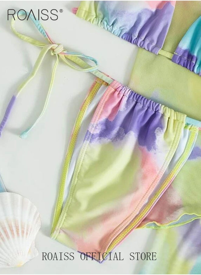 roaiss - Women 4pcs Tie Dye Gradient Halter Triangle Bikini Swimsuit Cover Up Top with Skirt Set Swimwear Ladies Beachwear Bathing Suit for Summer Multicolor - Image 1