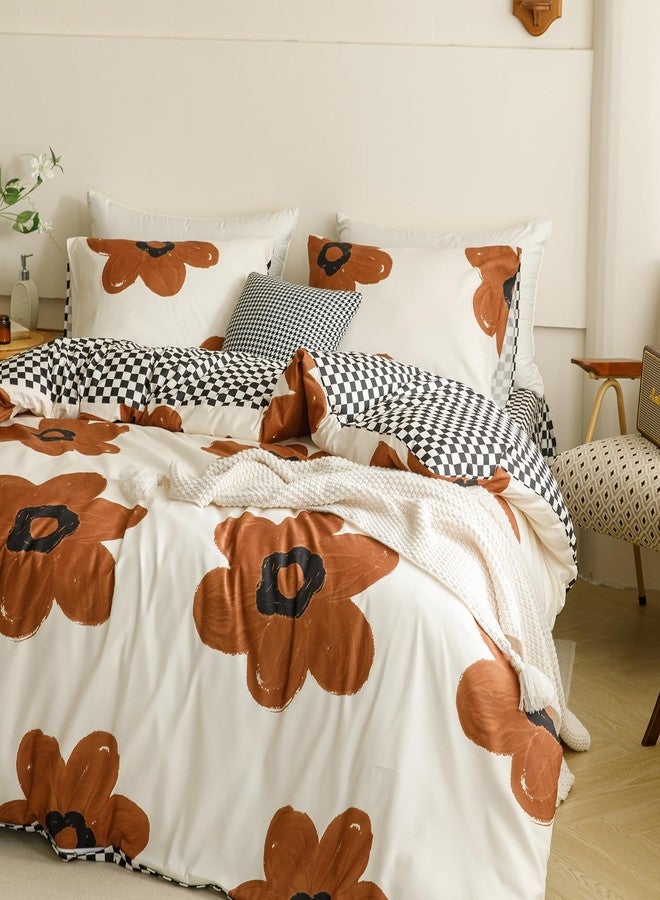 Wellboo Boho Floral Comforter Sets Full Pumpkin Sunflower Bedding Set Cotton Women Girls White and Pumpkin Botanical Bed Brown Floral Quilts Large Flower Plant Blankets Watercolor Flower Bohemian Bed - Image 4