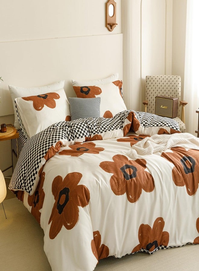 Wellboo Boho Floral Comforter Sets Full Pumpkin Sunflower Bedding Set Cotton Women Girls White and Pumpkin Botanical Bed Brown Floral Quilts Large Flower Plant Blankets Watercolor Flower Bohemian Bed - Image 2