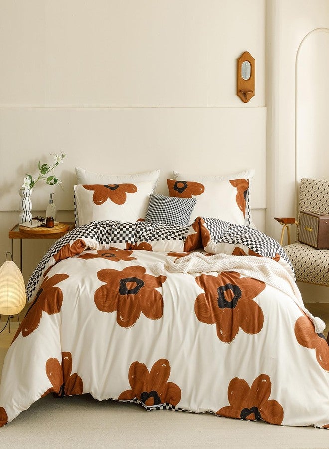 Wellboo Boho Floral Comforter Sets Full Pumpkin Sunflower Bedding Set Cotton Women Girls White and Pumpkin Botanical Bed Brown Floral Quilts Large Flower Plant Blankets Watercolor Flower Bohemian Bed - Image 1