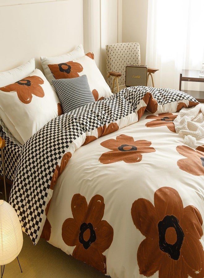 Wellboo Boho Floral Comforter Sets Full Pumpkin Sunflower Bedding Set Cotton Women Girls White and Pumpkin Botanical Bed Brown Floral Quilts Large Flower Plant Blankets Watercolor Flower Bohemian Bed - Image 3