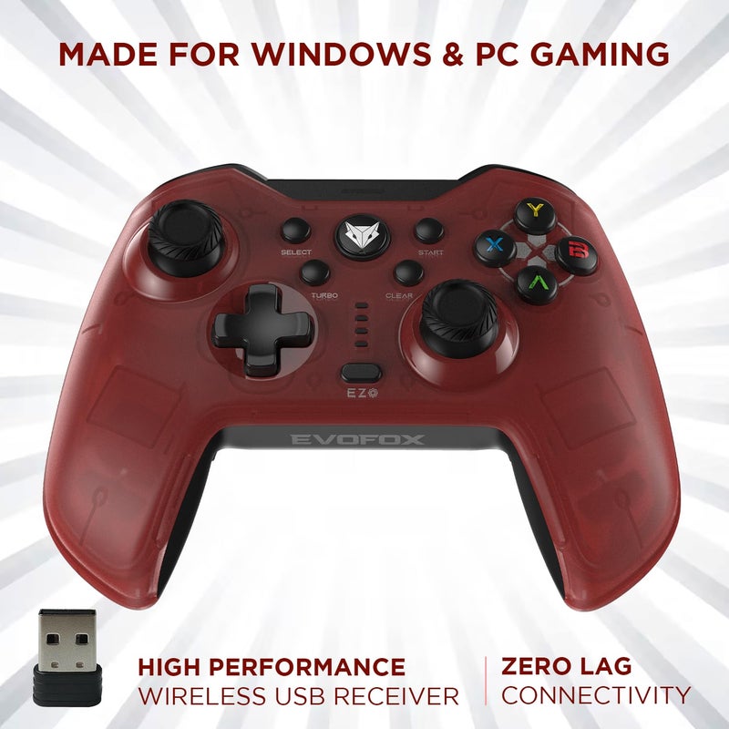 EvoFox Elite X Wireless Gaming Controller for PC with 2 Programmable Macro Back Buttons, Adjustable Dual Vibration Motors,Turbo Mode,Analog Triggers, High Precision joysticks,Low Latency Plug and Play,Free USB Extender,Translucent Shell Gamepad for pc (Red) - Image 2