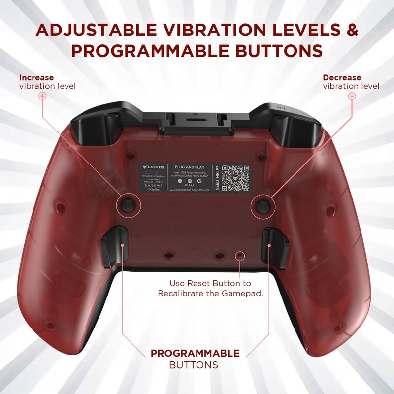 EvoFox Elite X Wireless Gaming Controller for PC with 2 Programmable Macro Back Buttons, Adjustable Dual Vibration Motors,Turbo Mode,Analog Triggers, High Precision joysticks,Low Latency Plug and Play,Free USB Extender,Translucent Shell Gamepad for pc (Red) - Image 4