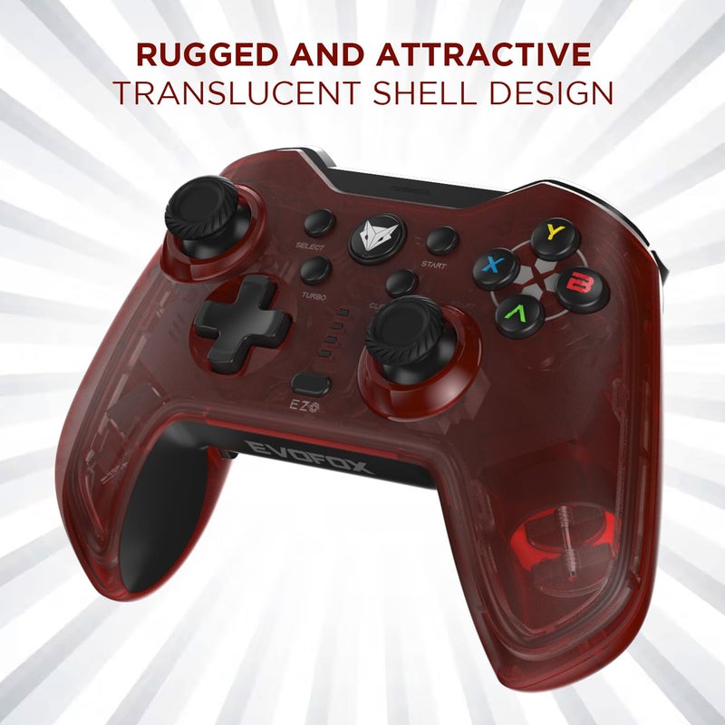 EvoFox Elite X Wireless Gaming Controller for PC with 2 Programmable Macro Back Buttons, Adjustable Dual Vibration Motors,Turbo Mode,Analog Triggers, High Precision joysticks,Low Latency Plug and Play,Free USB Extender,Translucent Shell Gamepad for pc (Red) - Image 5