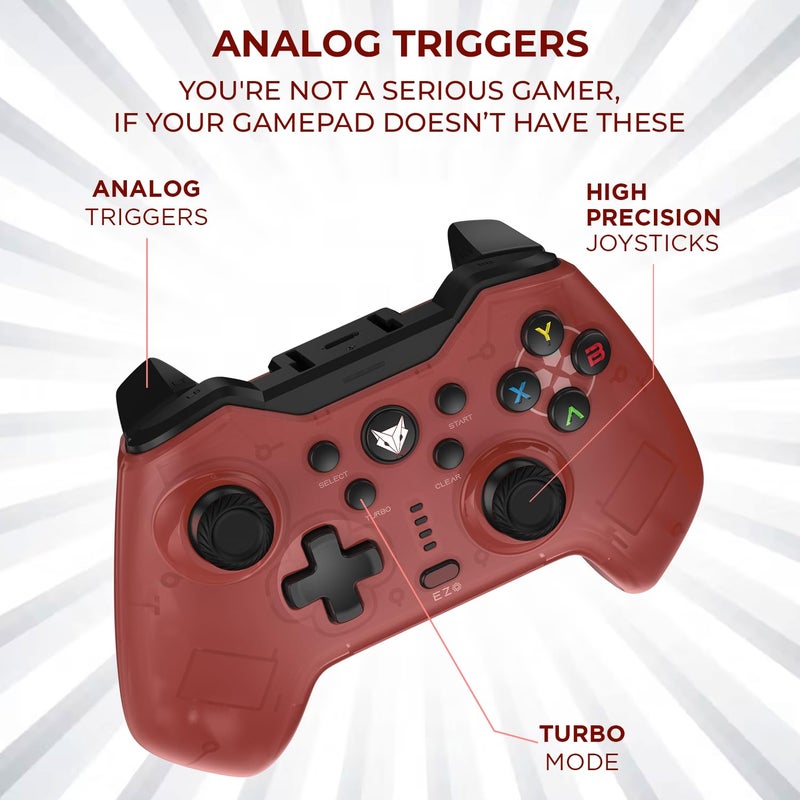 EvoFox Elite X Wireless Gaming Controller for PC with 2 Programmable Macro Back Buttons, Adjustable Dual Vibration Motors,Turbo Mode,Analog Triggers, High Precision joysticks,Low Latency Plug and Play,Free USB Extender,Translucent Shell Gamepad for pc (Red) - Image 3