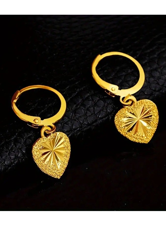 Goolsky 2pcs Elegant Golden Heart-Shaped Hoop Earrings for Women – Copper Alloy with Star Pendant, Shiny Textured Design, Casual/Special Occasions - Image 2