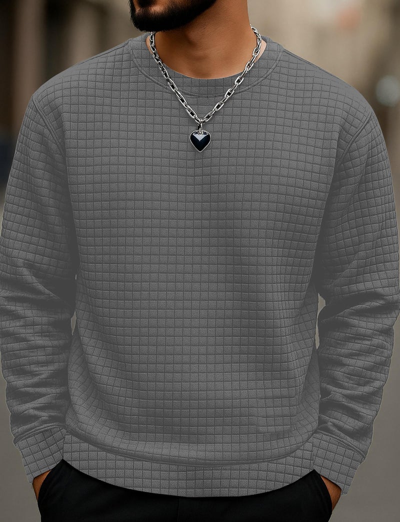 KAJARU Quilted Pattern Long Sleeve Sweatshirt, Round Neck, Men's Casual Pullover, Grey, Black, Beige (in, Alpha, M, Grey) - Image 2
