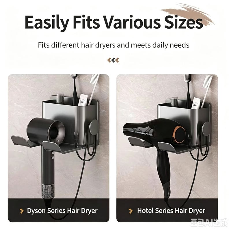 Qi Ta Hair Dryer Holder, No-Drill Wall-Mounted Stand, Bathroom Essential；for Bathroom, Hair Dryer, Storage. - Hair Dryer Holder [White] - Image 3