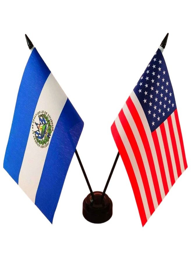 Zigvert America & Salvador Friendship Twin Desk Flag, US Salvador Table Flags, 8 x 5 Inches American & Salvadoran Deluxe Desk Flag Set - Miniature USA & Salvador Stick Flag with Flag Stand - Image 1