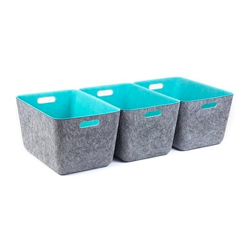 Three by Three Seattle reSTAK Medium Tall Storage Bin – Made from 100% Post-Consumer Recycled PET, Charcoal/Blue Felt Design for Stylish Organization, 3 Pack - Image 1