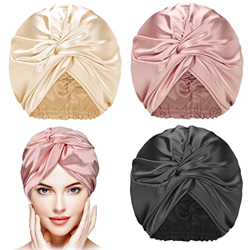 Vabean 3 Pcs Silk Bonnet for Sleeping Women Adjustable Satin Hair Wrap Double Layer Bonnet Cap Night Turban Elastic for Natural Curly Hair CareChampagne Black Rose Gold - Image 1