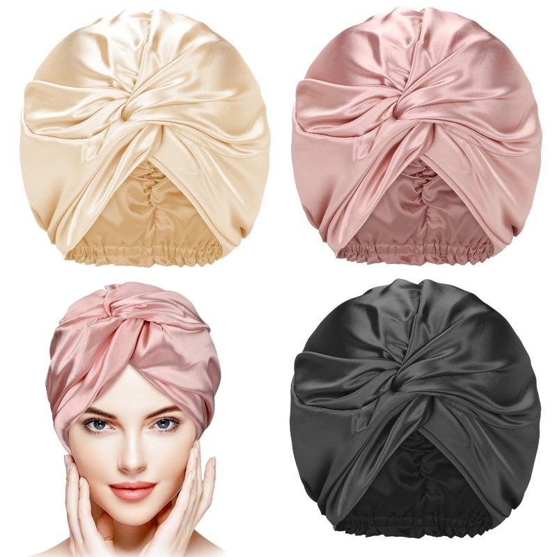 Vabean 3 Pcs Silk Bonnet for Sleeping Women Adjustable Satin Hair Wrap Double Layer Bonnet Cap Night Turban Elastic for Natural Curly Hair CareChampagne Black Rose Gold - Image 2