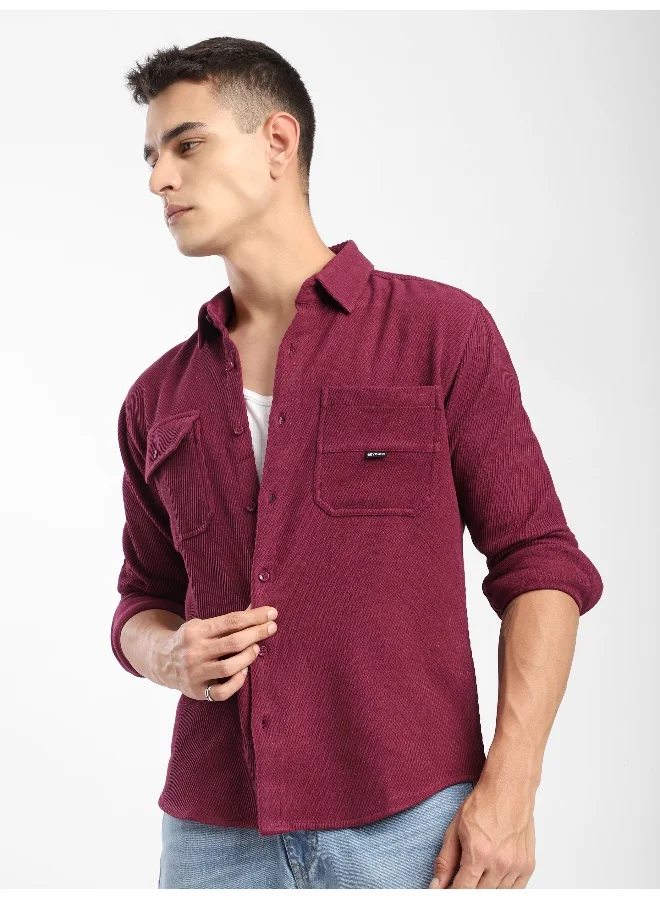 Beyoung Maroon Diagonal Striped Shirt