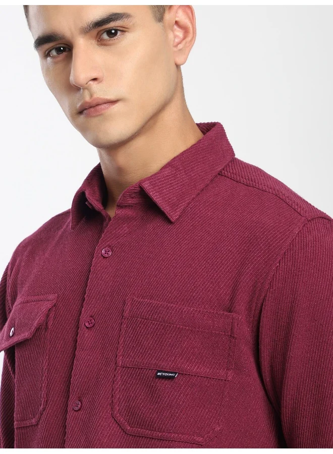 Beyoung Maroon Diagonal Striped Shirt