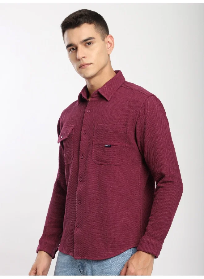 Beyoung Maroon Diagonal Striped Shirt