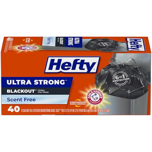 Hefty Ultra Strong 13 Gallon Trash Bags, Black Tall Kitchen Trash Bags 13 Gallon Size, Break Resistant Drawstring Enclosure, Continuous Odor Control, Blackout, Unscented, 40 Bags - Image 1