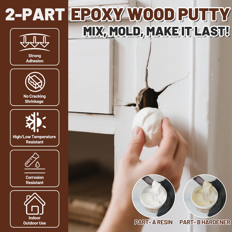 REHOUPTY Epoxy Wood Putty Filler Kit, High Capacity Strength Wood Epoxy & Repair Kit - Stainable Paintable 32oz 2-Part Putty Filler, Woodon Filler Interior & Exterior Furniture Repair Set for Damages (White) - Image 3