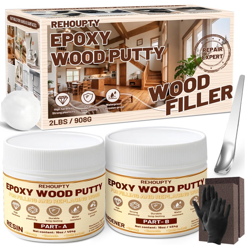 REHOUPTY Epoxy Wood Putty Filler Kit, High Capacity Strength Wood Epoxy & Repair Kit - Stainable Paintable 32oz 2-Part Putty Filler, Woodon Filler Interior & Exterior Furniture Repair Set for Damages (White) - Image 1