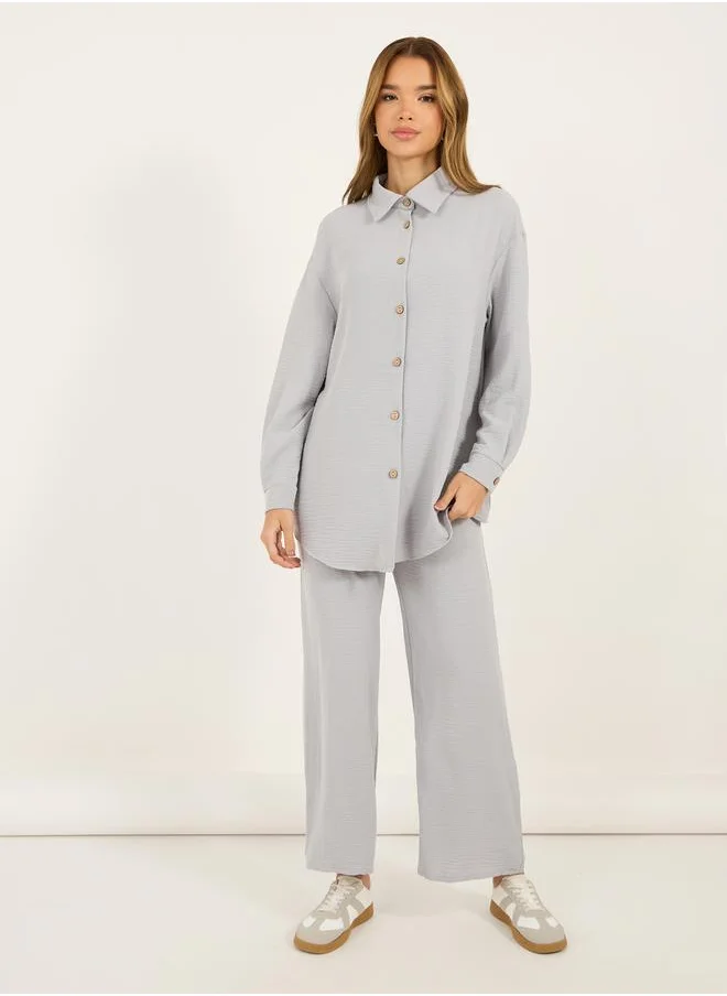 Styli Textured Oversized Shirt & Wide Leg Pants Co-Ords