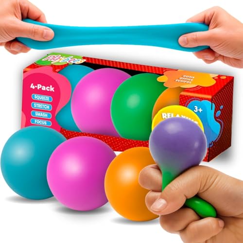 Playbees Pull Stretch Squeeze Stress Balls 4 Balls Elastic Sensory Balls for Stress Anxiety Relief Calming Fidgets for Kids Adults Assorted Color Balls for Autism ADHD Classroom Use - Image 1