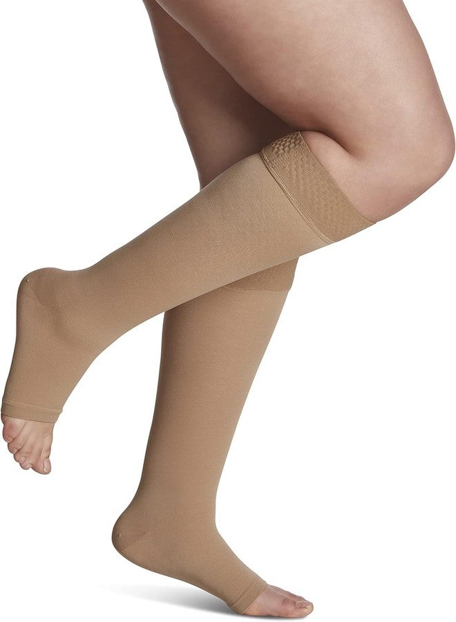 SIGVARIS Men’s & Women’s Essential Opaque 860 Open Toe Calf-High Socks w/Grip Top 20-30mmHg - Large Long - Nude - Image 1