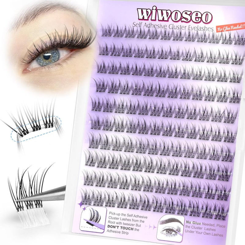 wiwoseo Clear Band Lash Clusters Self Adhesive Eyelashes Natural Press on Lashes No Glue Needed Self Adhesive Lash Clusters Pre Glued Eyelash Clusters Reusable Cluster Lashes Eyelash Extensions