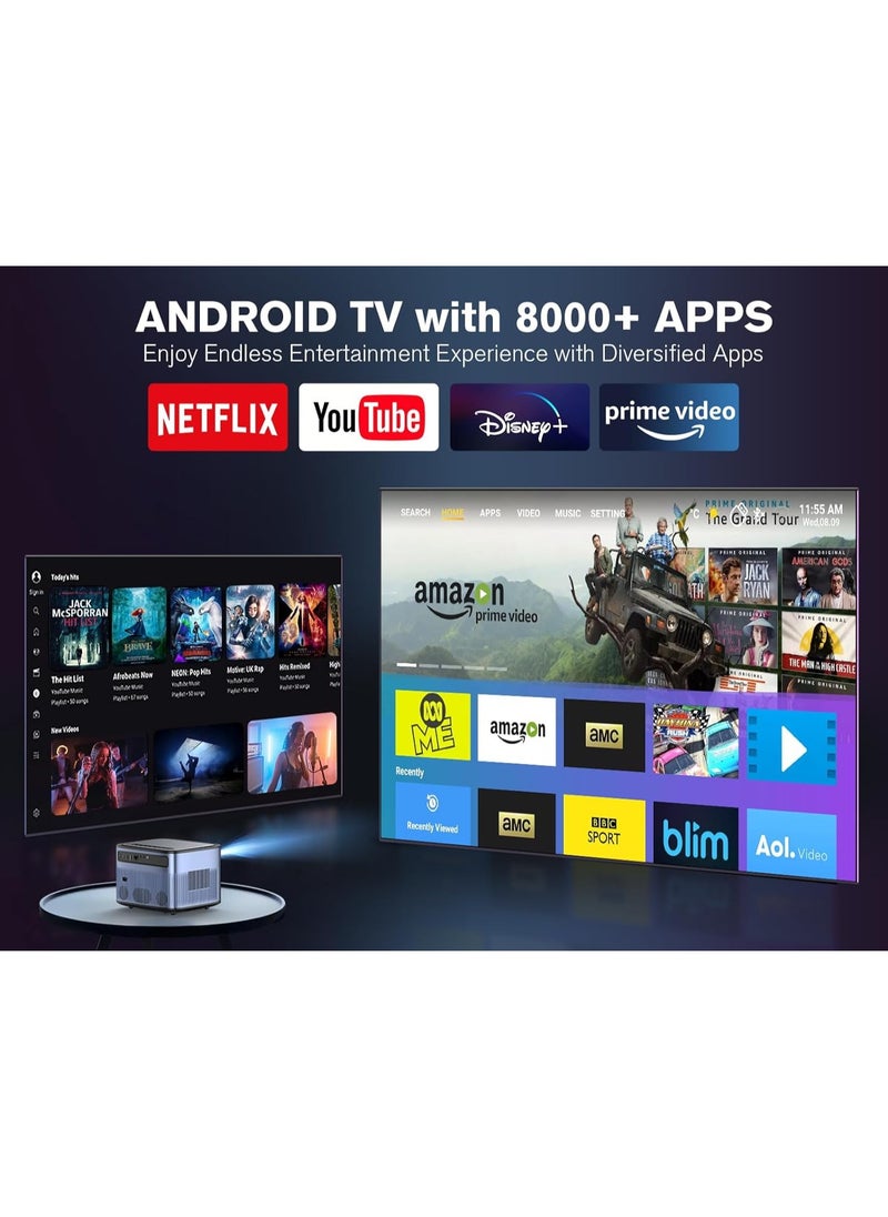 4K Support WiFi Bluetooth Projector | 800 ANSI Lumens Outdoor & Home Theater Projector with Android TV, 4P4D Keystone, Zoom, PPT Mode, 300" Display – Perfect for Movies, Gaming & Presentations