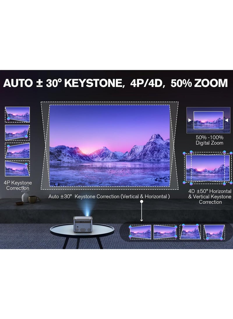4K Support WiFi Bluetooth Projector | 800 ANSI Lumens Outdoor & Home Theater Projector with Android TV, 4P4D Keystone, Zoom, PPT Mode, 300" Display – Perfect for Movies, Gaming & Presentations