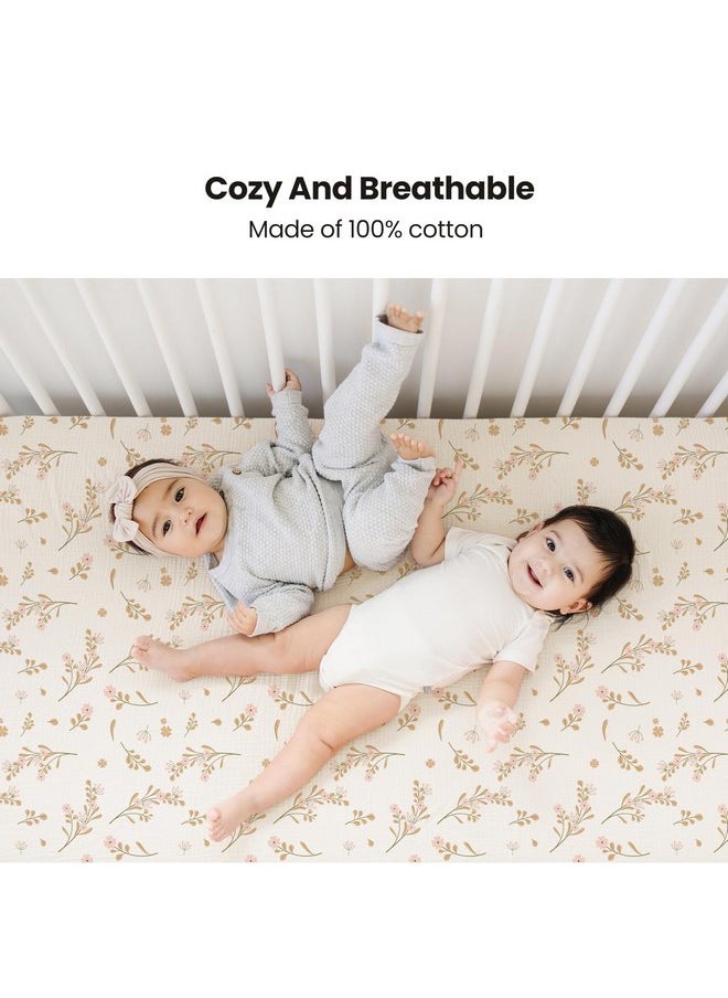 Konssy - Konssy Muslin Fitted Crib Sheets 2 PCS 100% Cotton Baby Crib Sheets for Standard Crib Mattress (28"x 52"), Soft and Breathable for Boys, Girls (Floral, Pink) - Image 1