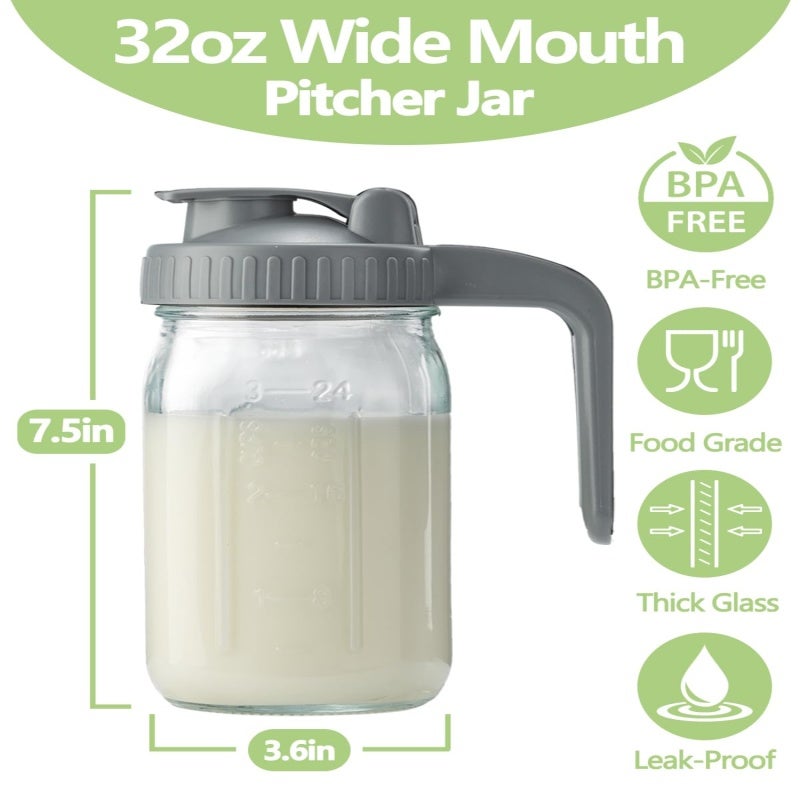 Glass Pitcher with V-Shaped Spout and Lid - Leak Proof 32 oz Beverage Storage Container - Wide Mouth Mason Jar for Breastmilk Juice Cold Brew - Image 5