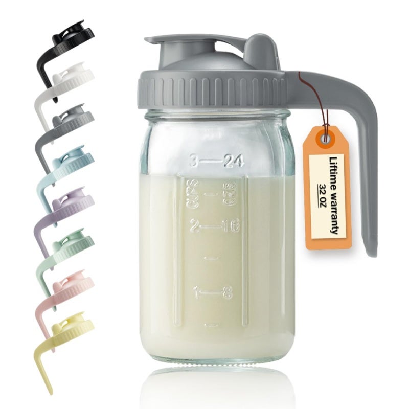Glass Pitcher with V-Shaped Spout and Lid - Leak Proof 32 oz Beverage Storage Container - Wide Mouth Mason Jar for Breastmilk Juice Cold Brew - Image 1