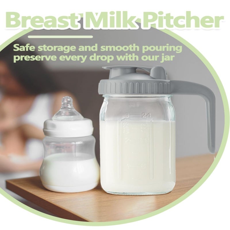 Glass Pitcher with V-Shaped Spout and Lid - Leak Proof 32 oz Beverage Storage Container - Wide Mouth Mason Jar for Breastmilk Juice Cold Brew - Image 4