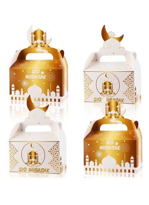12pcs Eid Mubarak Candy Box,Eid Mubarak Treat Gifts Boxes,Eid Mubarak Paper Gift Bag,Muslim Ramadan Favor Boxes,White Gold Snack Sugar Chocolate Goody Treat Bag