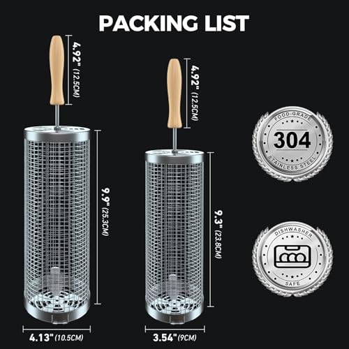KUQIHUG Rolling Grill Basket2PCS Removable Wooden Handle 304 Stainless Steel Grilling Accessories Tools for Vegetables Meat Food Outdoor Camping Grilling Birthday Gifts for Men Husband Men - Image 3