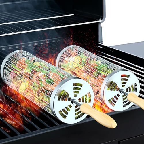 KUQIHUG Rolling Grill Basket2PCS Removable Wooden Handle 304 Stainless Steel Grilling Accessories Tools for Vegetables Meat Food Outdoor Camping Grilling Birthday Gifts for Men Husband Men - Image 1