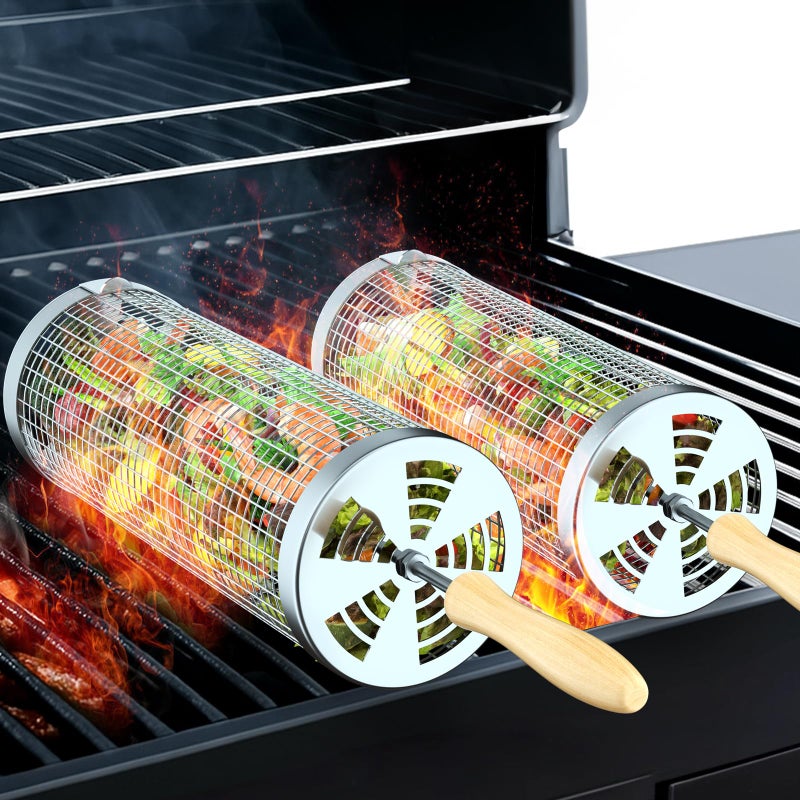 KUQIHUG Rolling Grill Basket2PCS Removable Wooden Handle 304 Stainless Steel Grilling Accessories Tools for Vegetables Meat Food Outdoor Camping Grilling Birthday Gifts for Men Husband Men - Image 2