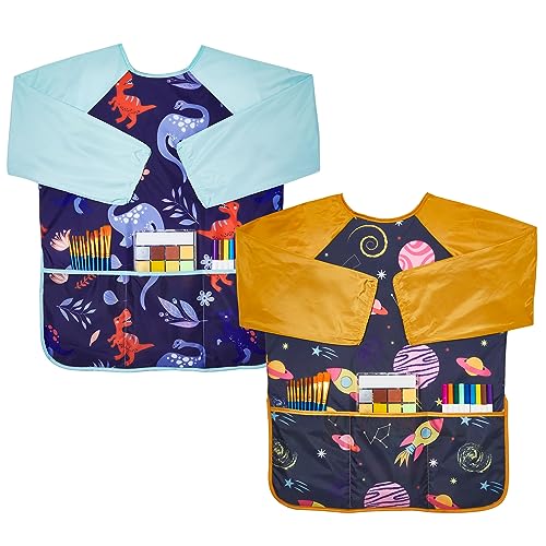 Lictin 2 Pack Kids Art Smocks Toddler Smock Waterproof Artist Painting Aprons for Children with Long Sleeve and 3 Pockets for Age 38 Years Blue - Image 1