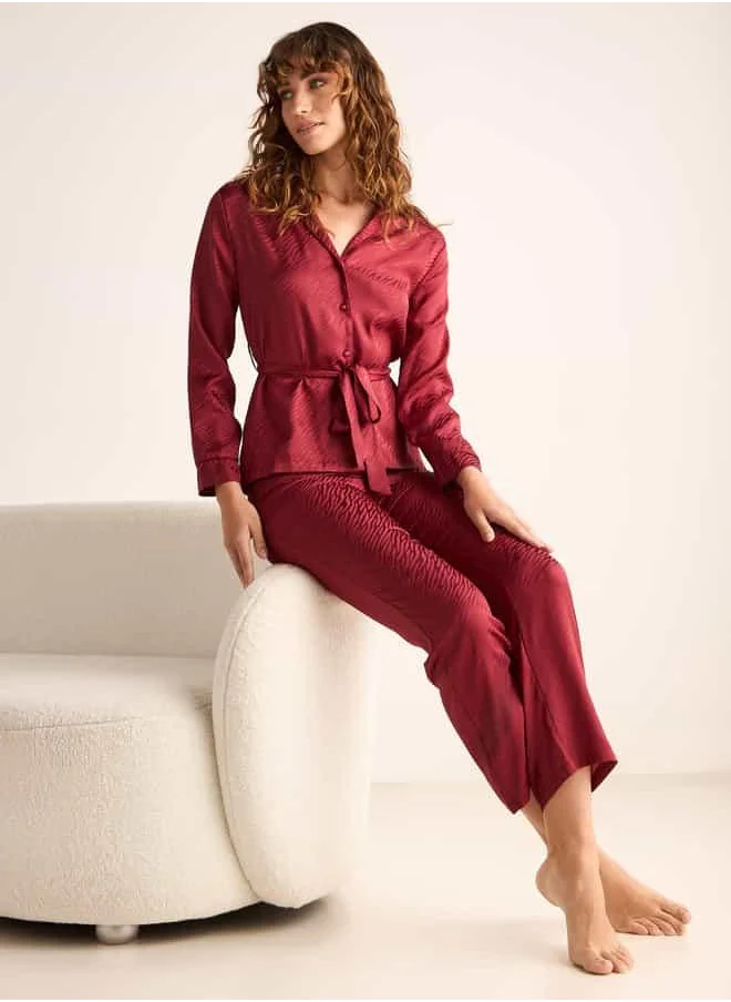 FAV Textured Jacquard Satin Shirt with Belt and Pyjama Set