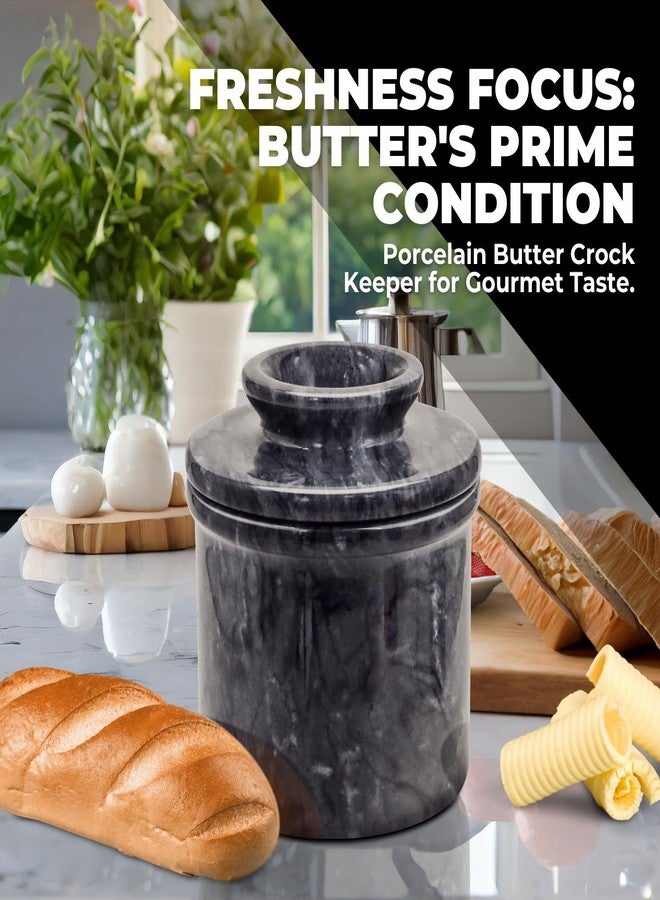 Flexzion Marble Butter Crock with Lid for Countertop - 4.25" French Marble Butter Keeper Dish Holder Container Pot with Water Line for Kitchen Home Decor Display Gift, Black - Image 2