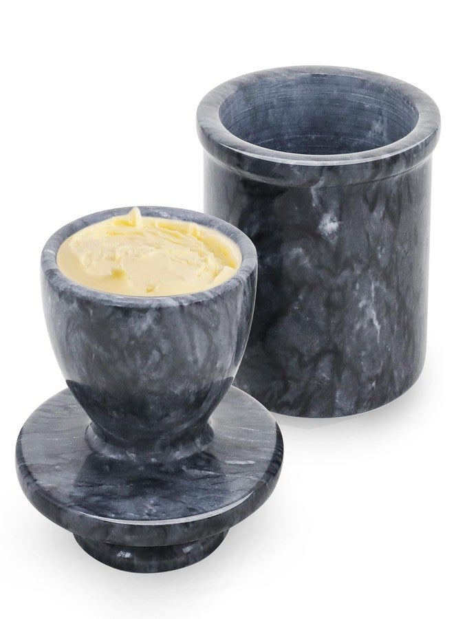 Flexzion Marble Butter Crock with Lid for Countertop - 4.25" French Marble Butter Keeper Dish Holder Container Pot with Water Line for Kitchen Home Decor Display Gift, Black - Image 1