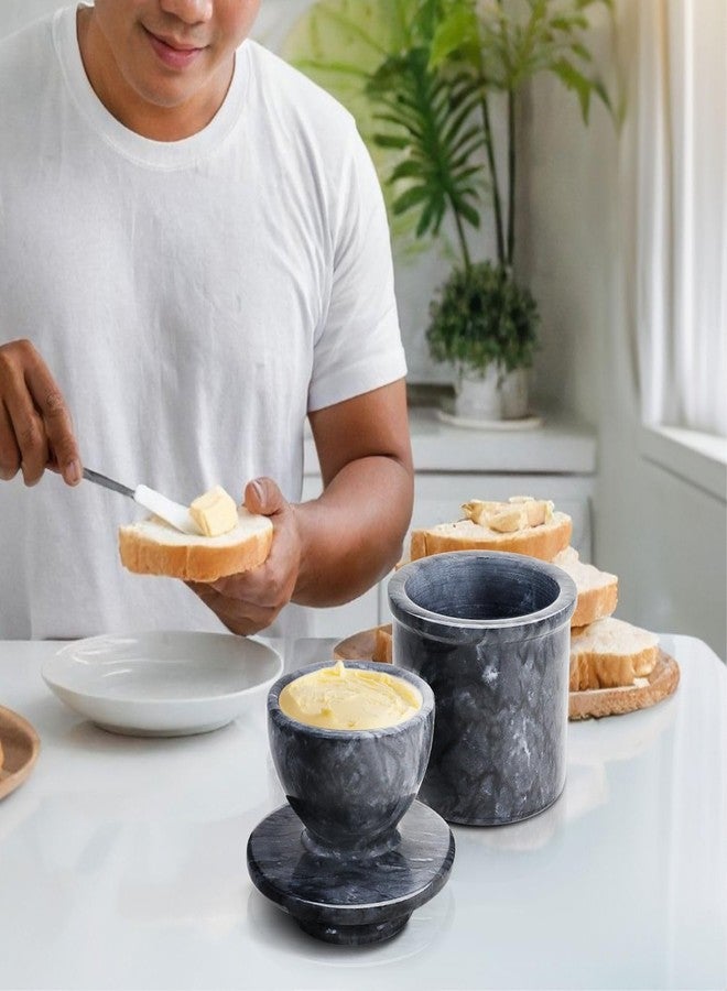 Flexzion Marble Butter Crock with Lid for Countertop - 4.25" French Marble Butter Keeper Dish Holder Container Pot with Water Line for Kitchen Home Decor Display Gift, Black - Image 3