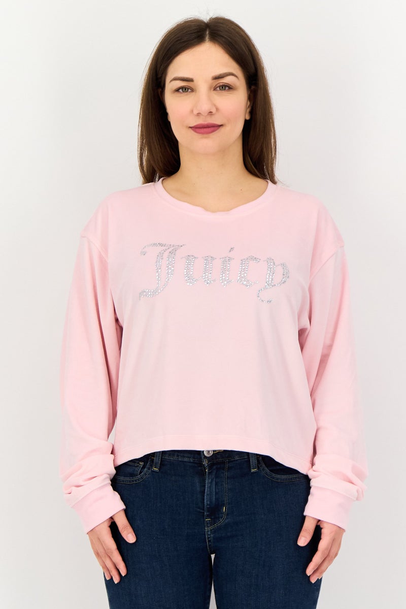 Juicy Couture Women Round Neck Long Sleeve Brand Logo Top, Light Pink - Image 1