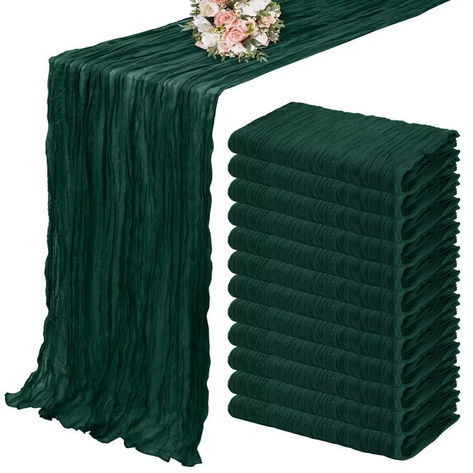 12 PACK CHEESECLOTH TABLE RUNNER 35 X 120 INCH LONG BOHO CHEESE CLOTH GAUZE TABLE RUNNERS SEMI SHEER TABLE RUNNER FOR WEDDING DECOR BRIDAL SHOWER BIRTHDAY PARTY EMERALD GREEN
