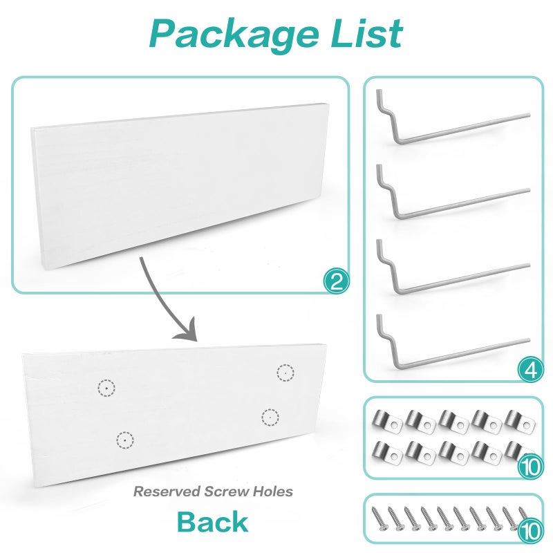 WOWKIT Pegboard Shelves, White 16" x 6" Large Peg Board Racks 2Pack Wall Organizer Shelf, 1/4 inch Heavy Duty Metal Brackets Fit All Pegboards, Wood Slats, Craft Garage Workbench Office Shelving Accessories - Image 2