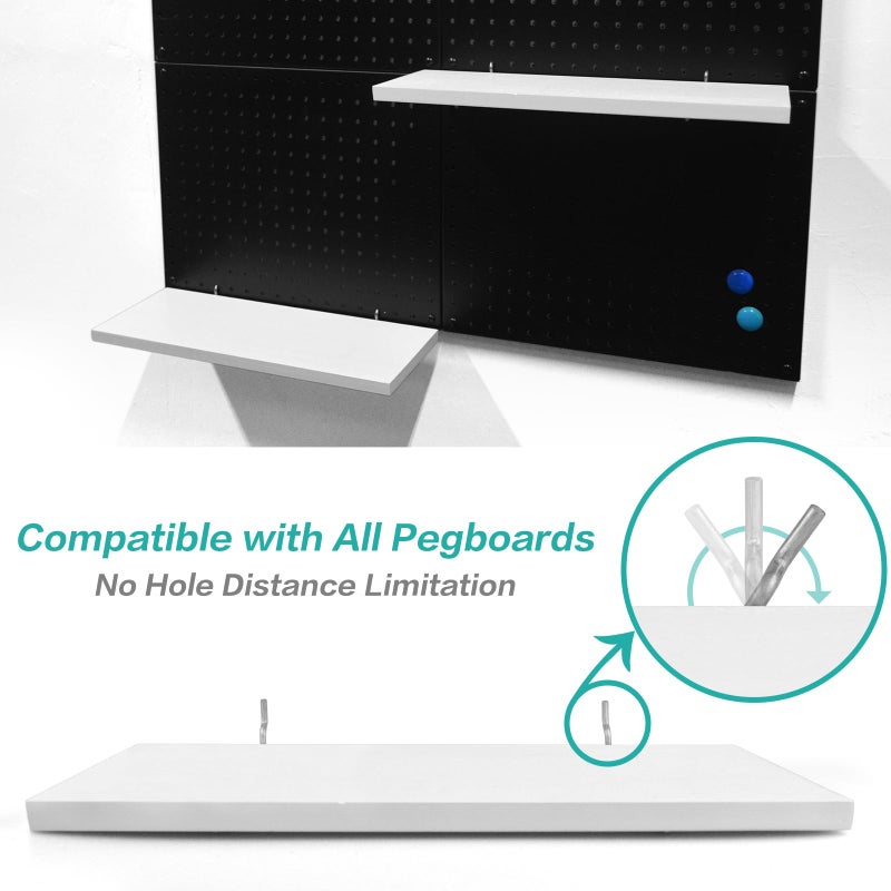 WOWKIT Pegboard Shelves, White 16" x 6" Large Peg Board Racks 2Pack Wall Organizer Shelf, 1/4 inch Heavy Duty Metal Brackets Fit All Pegboards, Wood Slats, Craft Garage Workbench Office Shelving Accessories - Image 5