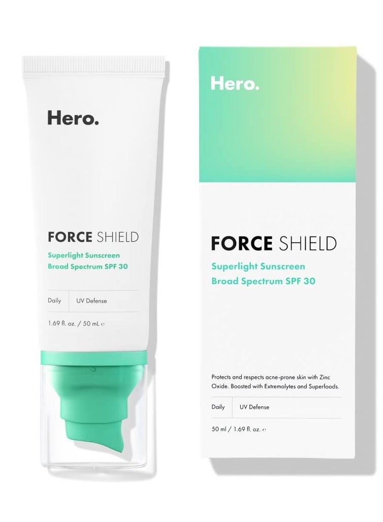 Hero Cosmetics Force Shield Superlight Sunscreen SPF 30 - Everyday SPF 30 for Acne-Prone Skin with Zinc Oxide, Green Surge, and Extremolytes - Fragrance Free and Reef Safe (50 ml) - Image 1